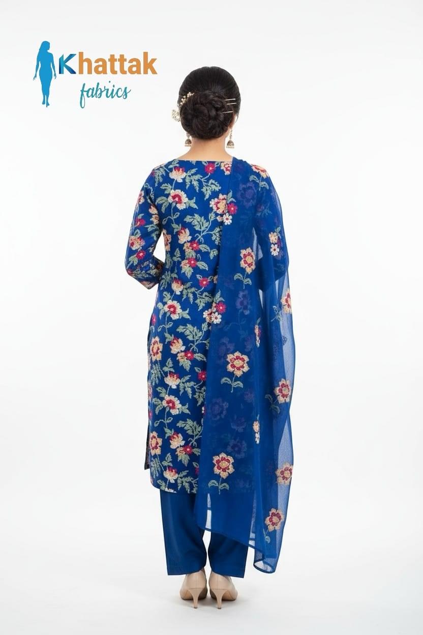 Royal blue floral embroidered Karandi 3-piece suit by Khattak Fabrics