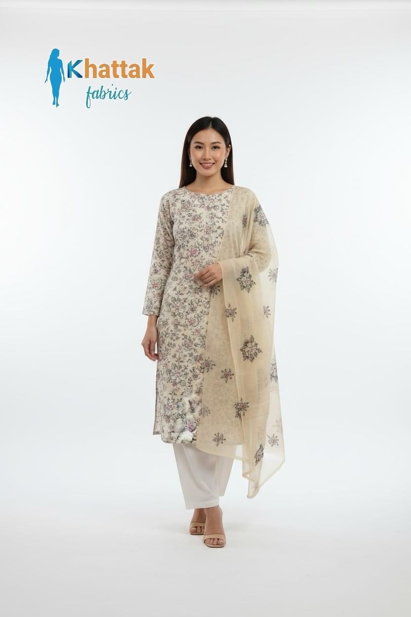 Cream Floral Embroidered Karandi 3-Piece Suit – Khattak Fabrics Cream floral embroidered Karandi 3-piece suit by Khattak Fabrics