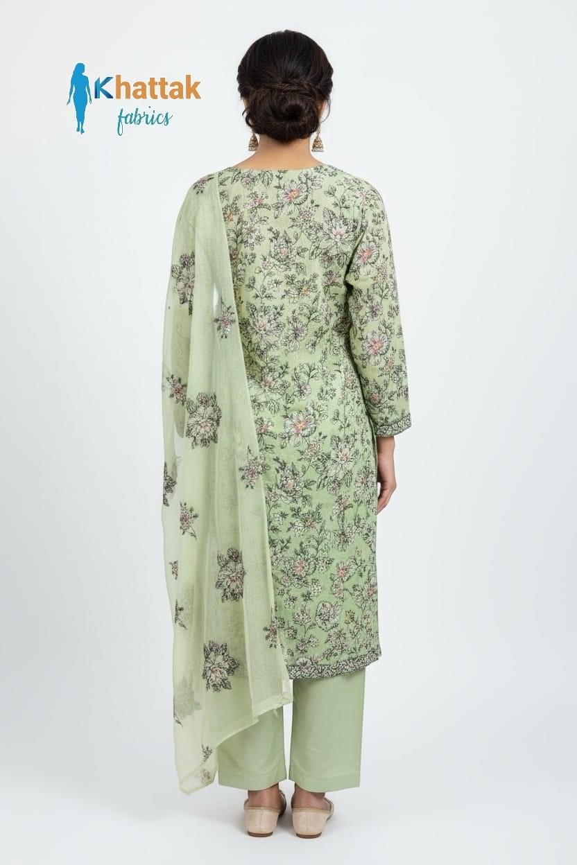 Pastel green floral embroidered Karandi 3-piece suit by Khattak Fabrics