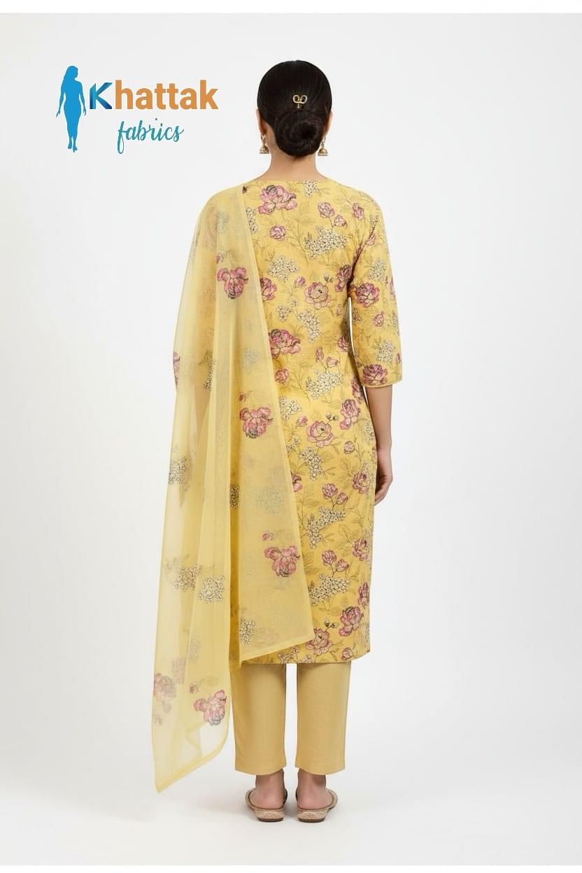 Lemon yellow floral embroidered Karandi 3-piece suit by Khattak Fabrics