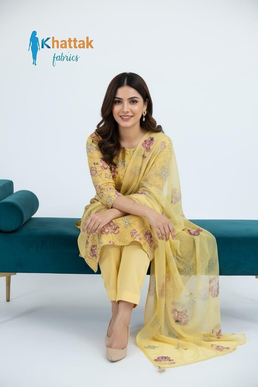 Lemon yellow floral embroidered Karandi 3-piece suit by Khattak Fabrics