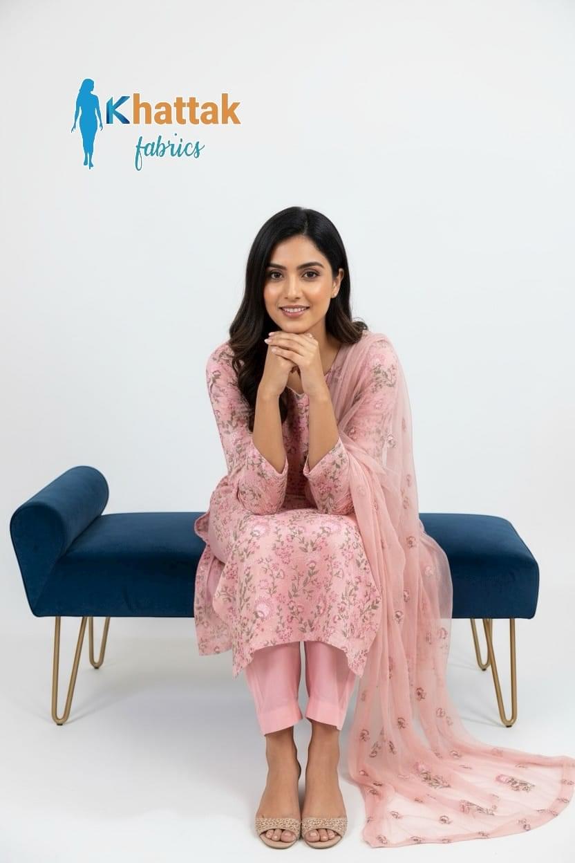 Pastel pink floral embroidered Karandi 3-piece suit by Khattak Fabrics