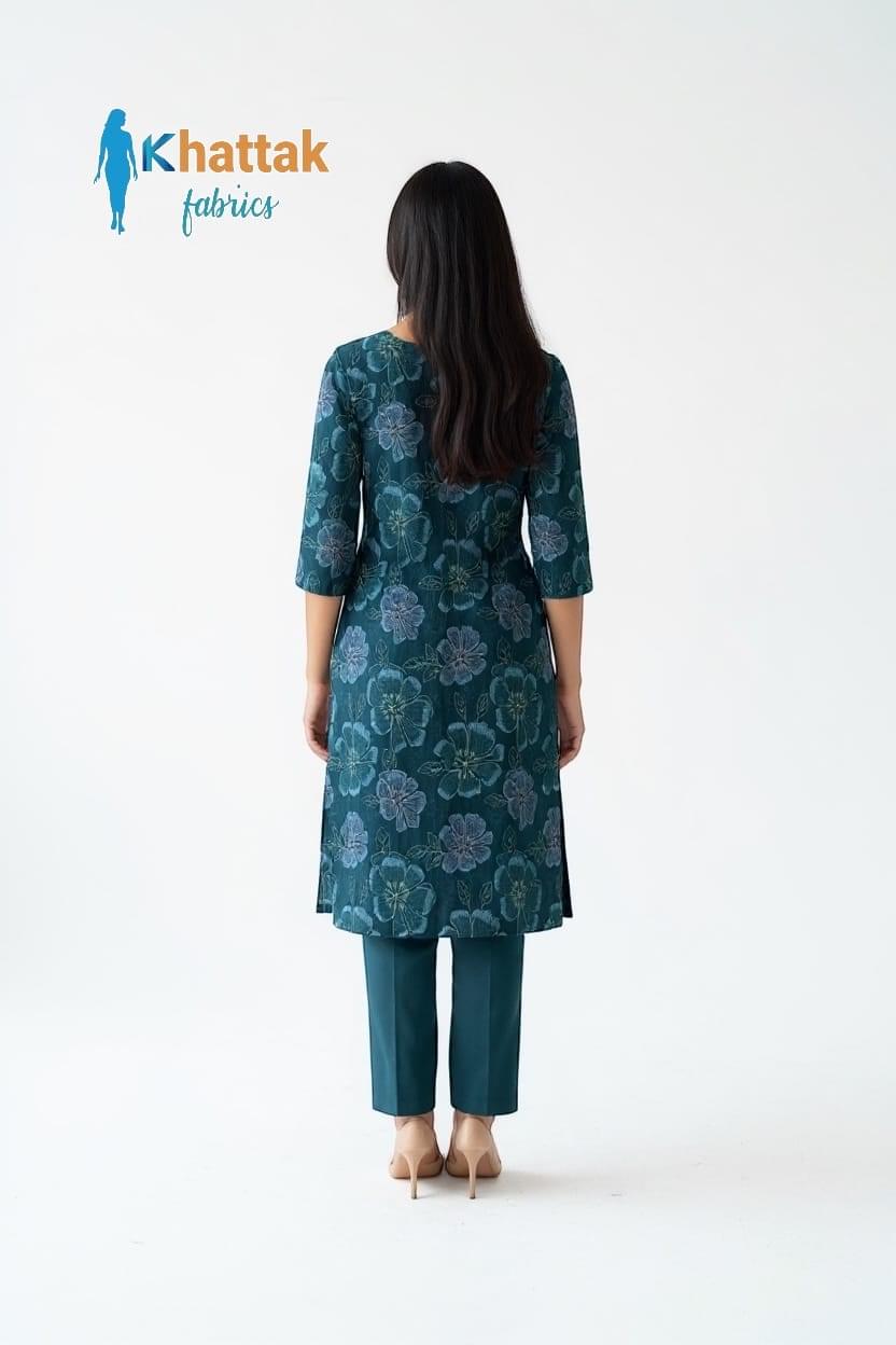 Teal karandi 3 piece suit back side with embroidered shirt