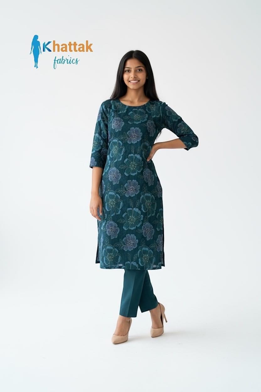 Teal karandi 3 piece suit with pure crinkle chiffon dupatta front view
