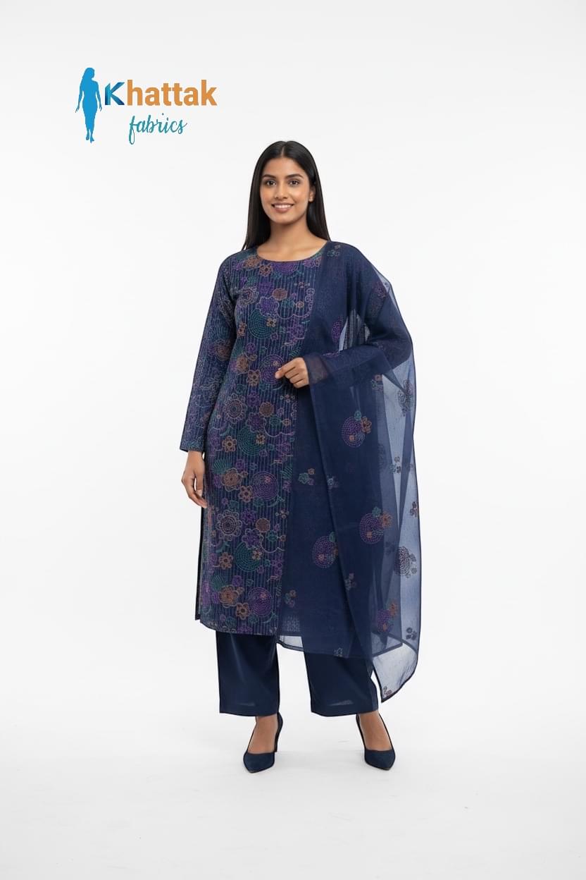 Navy blue floral embroidered karandi 3 piece suit front standing pose
