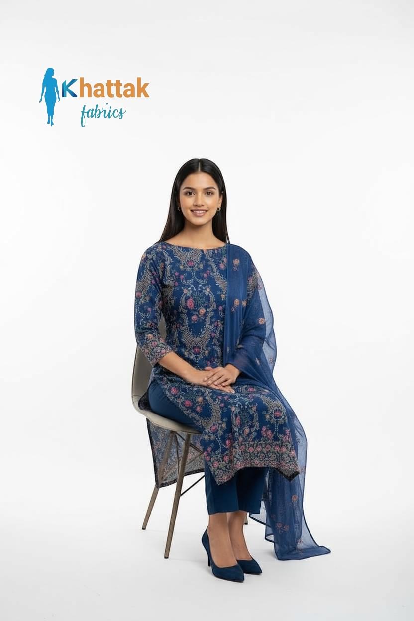 Navy Blue Karandi 3pc – Sitting Pose Navy Blue Karandi Suit sitting Pose