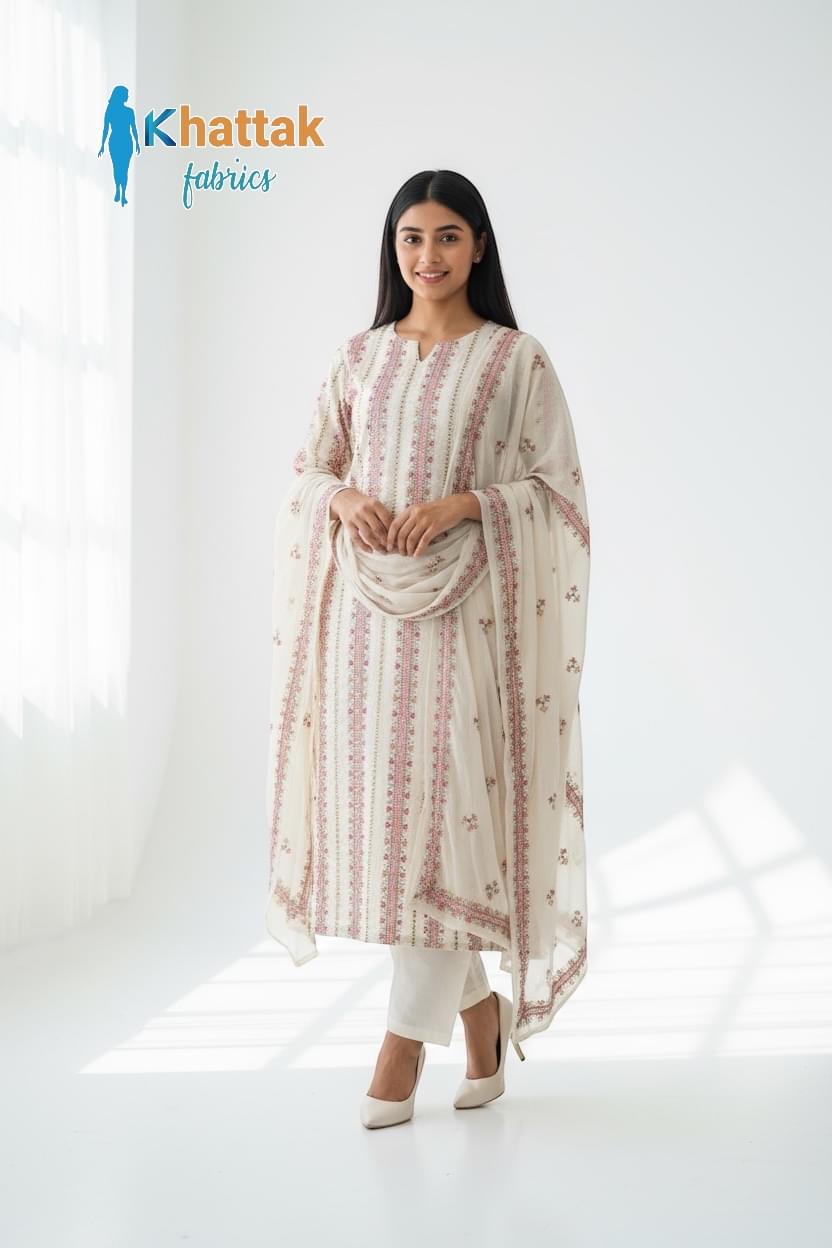 Front view of cream embroidered karandi 3-piece suit worn by a woman — Khattak Fabrics.