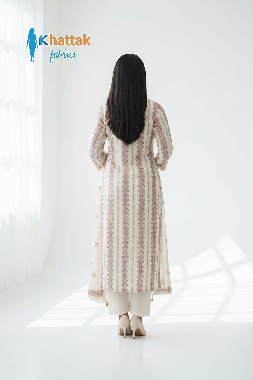 Back view of cream embroidered karandi suit with vertical floral patterns.