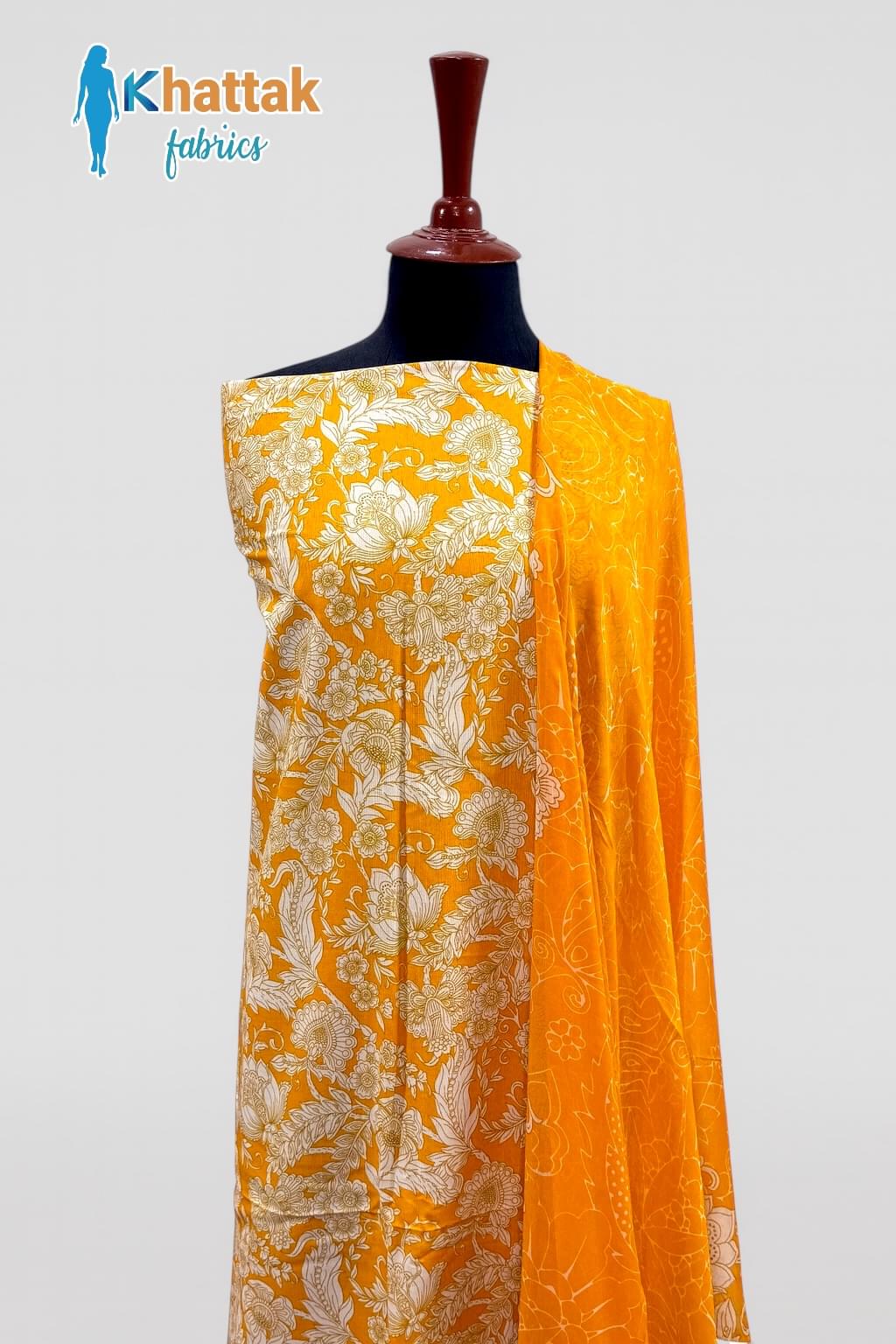 Yellow Floral Khaddar 3PC – Front View Khattak Fabrics yellow floral khaddar shirt with matching chiffon dupatta