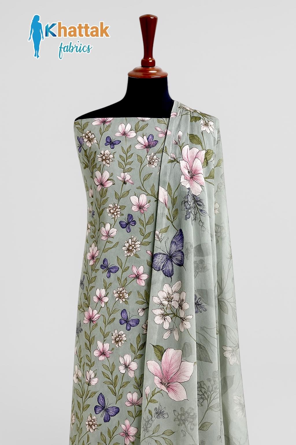 “Light Grey Floral Khaddar 3PC Suit – Khattak Fabrics” “Light grey floral printed khaddar suit with chiffon dupatta – Khattak Fabrics”