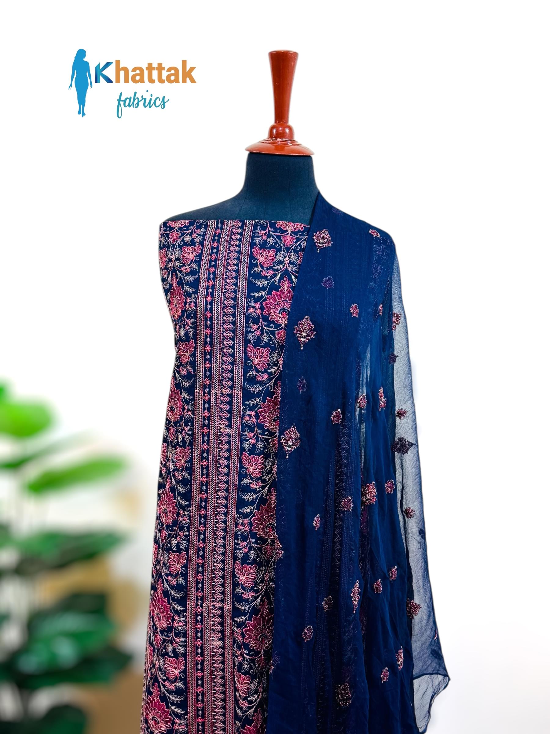 Navy Blue Karandi 3 Piece Suit KF-110 Full Front Look