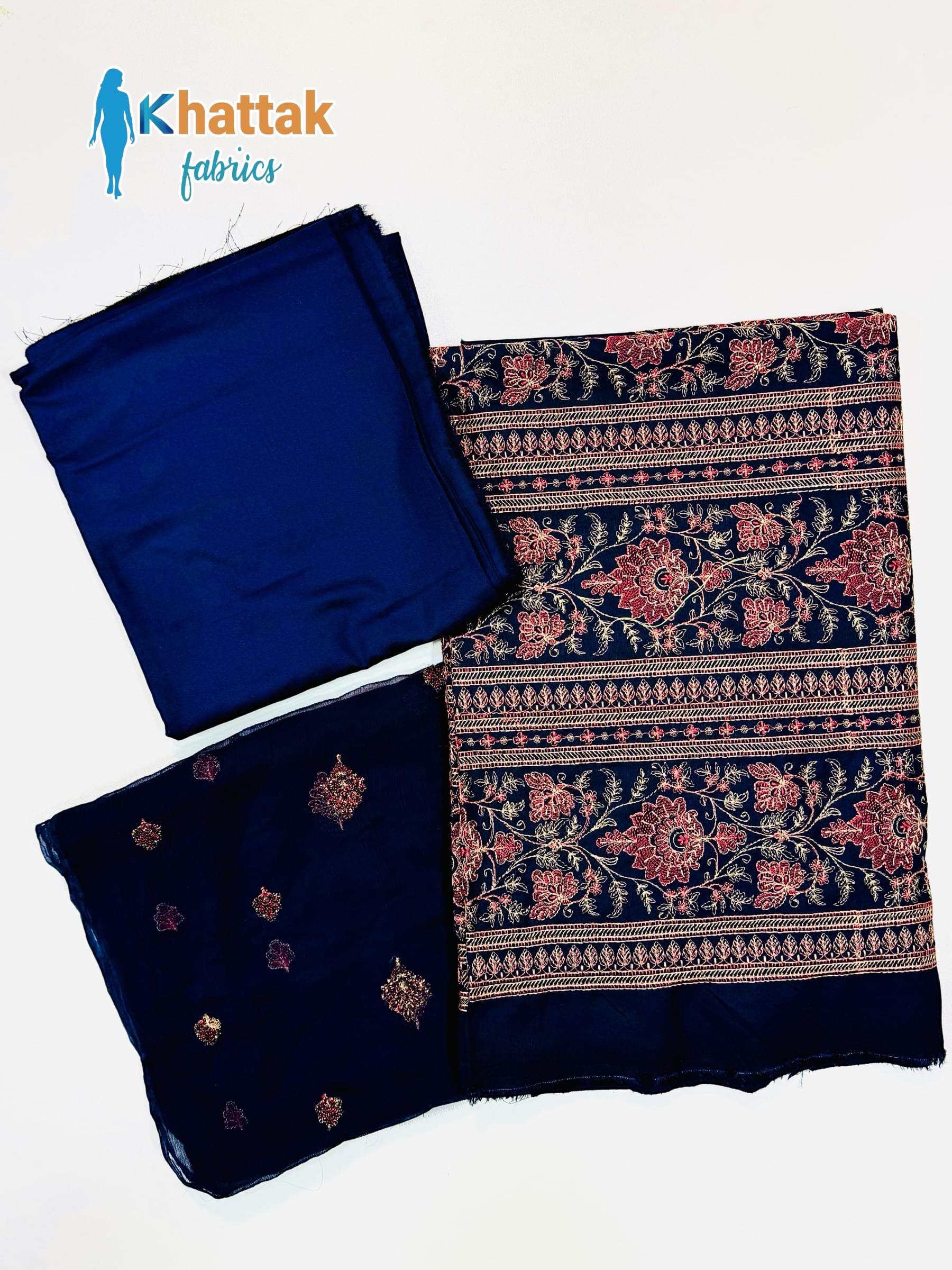 Navy Blue Karandi 3 Piece Suit Fabric Set KF-110