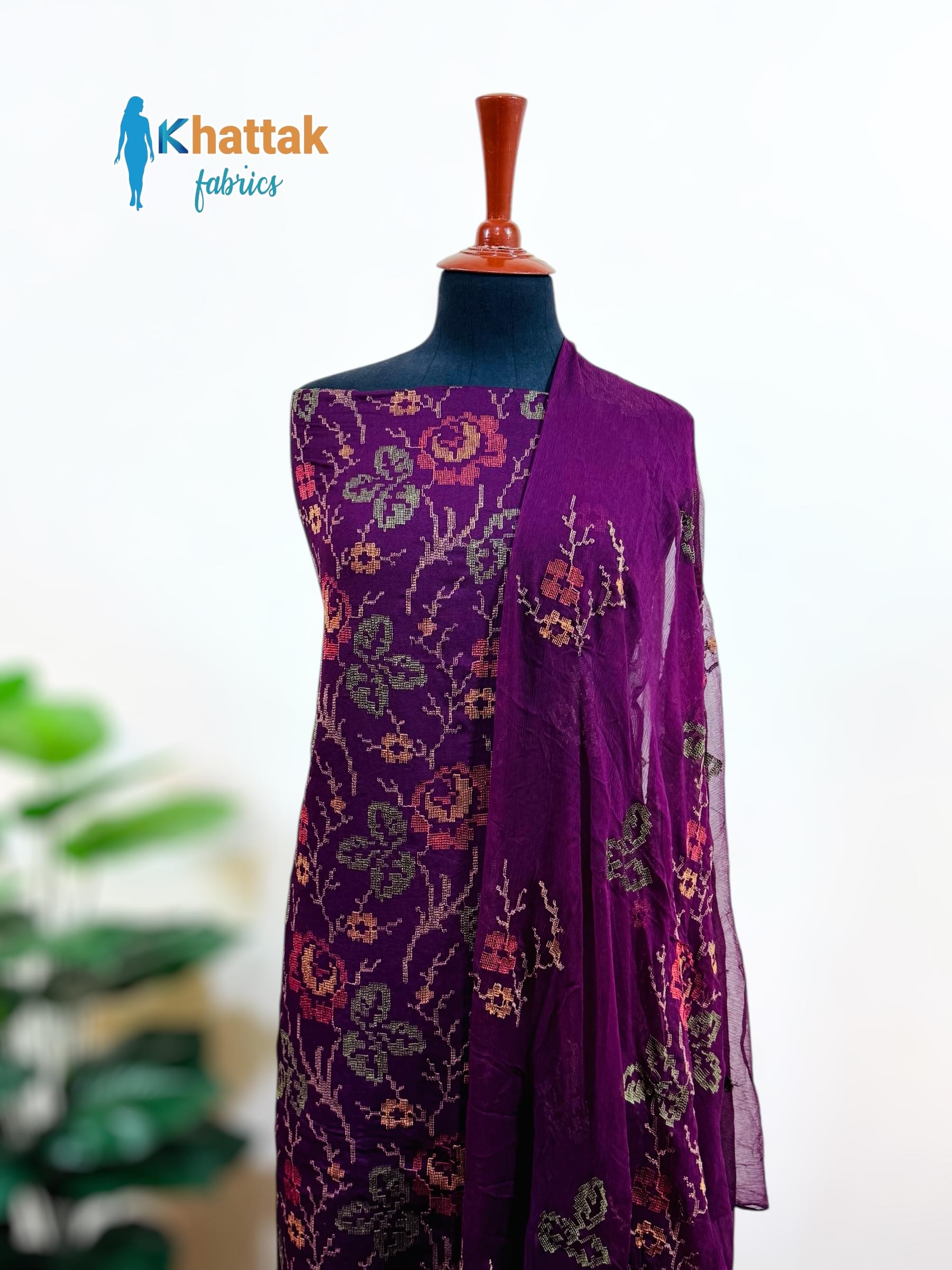 Dark Purple Karandi embroidered shirt with chiffon dupatta – KF-109