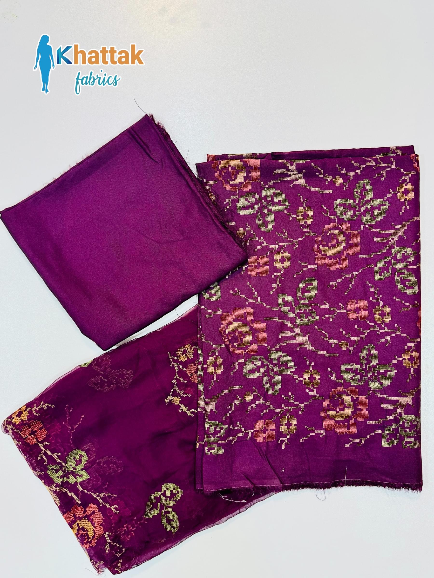 Dark Purple Karandi 3 Piece Suit fabric set – shirt, trouser, dupatta – KF-109