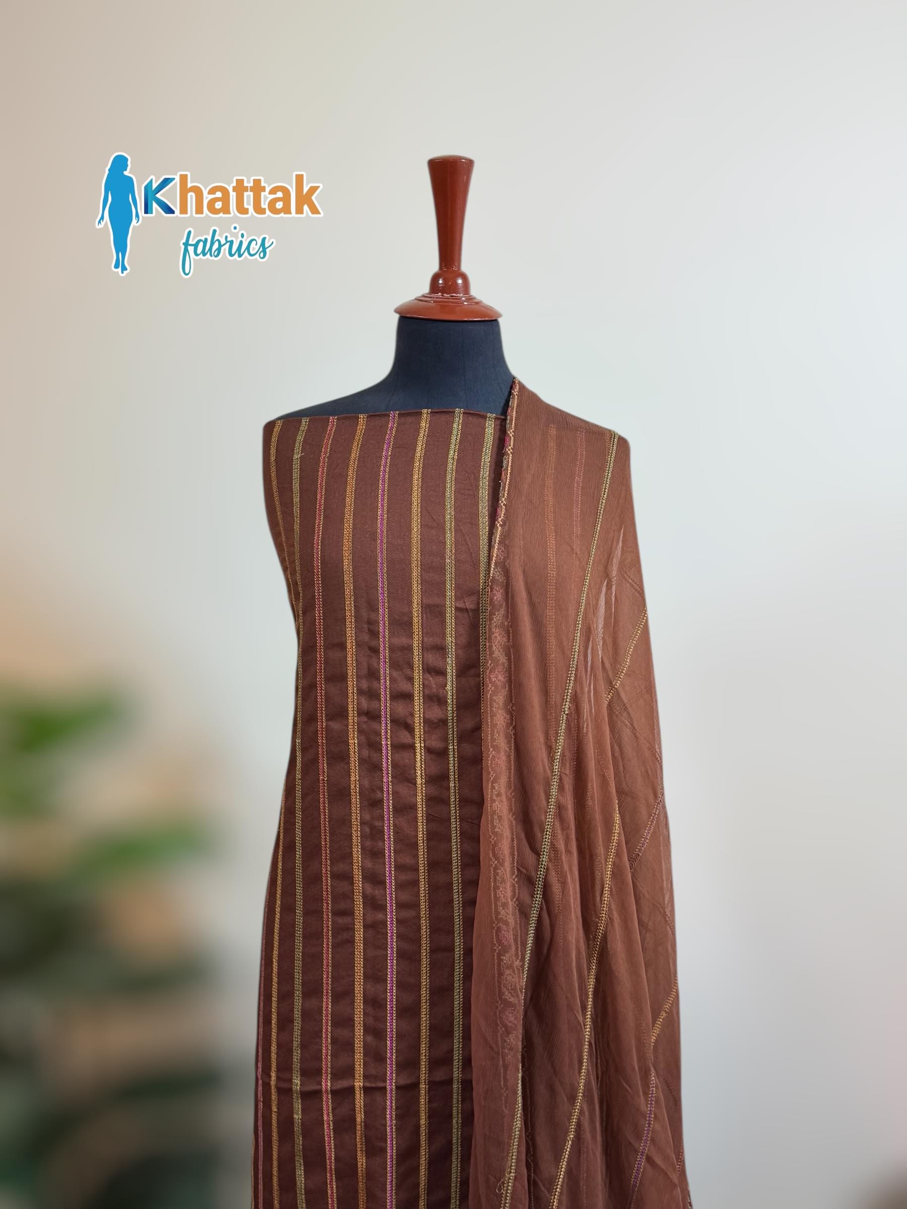 Winter Karandi 3PC Suit KF-121 – Brown Striped Shirt with Chiffon Dupatta