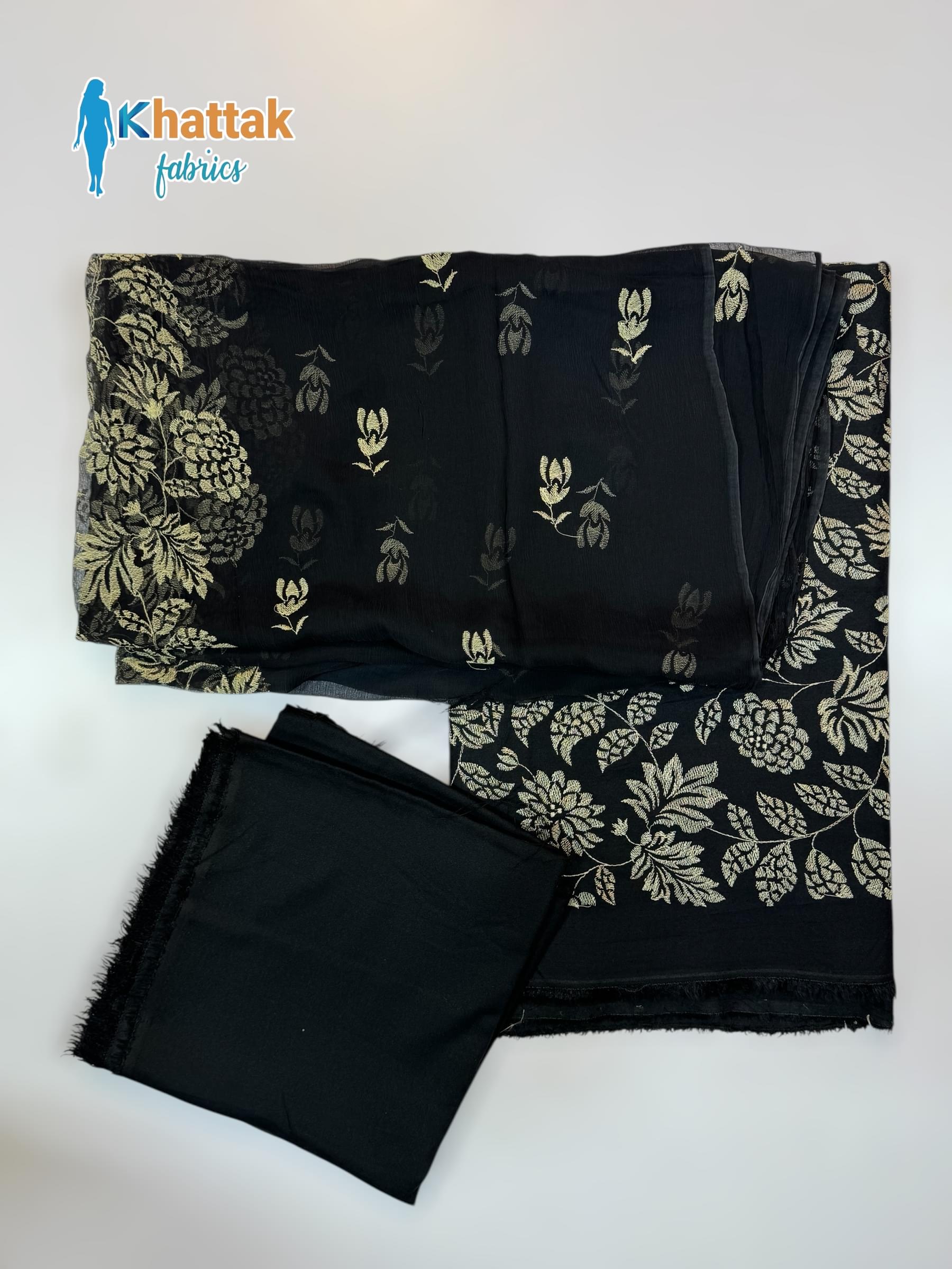 KF-120 Winter Karandi black embroidered 3-piece suit fabric set – Khattak Fabrics