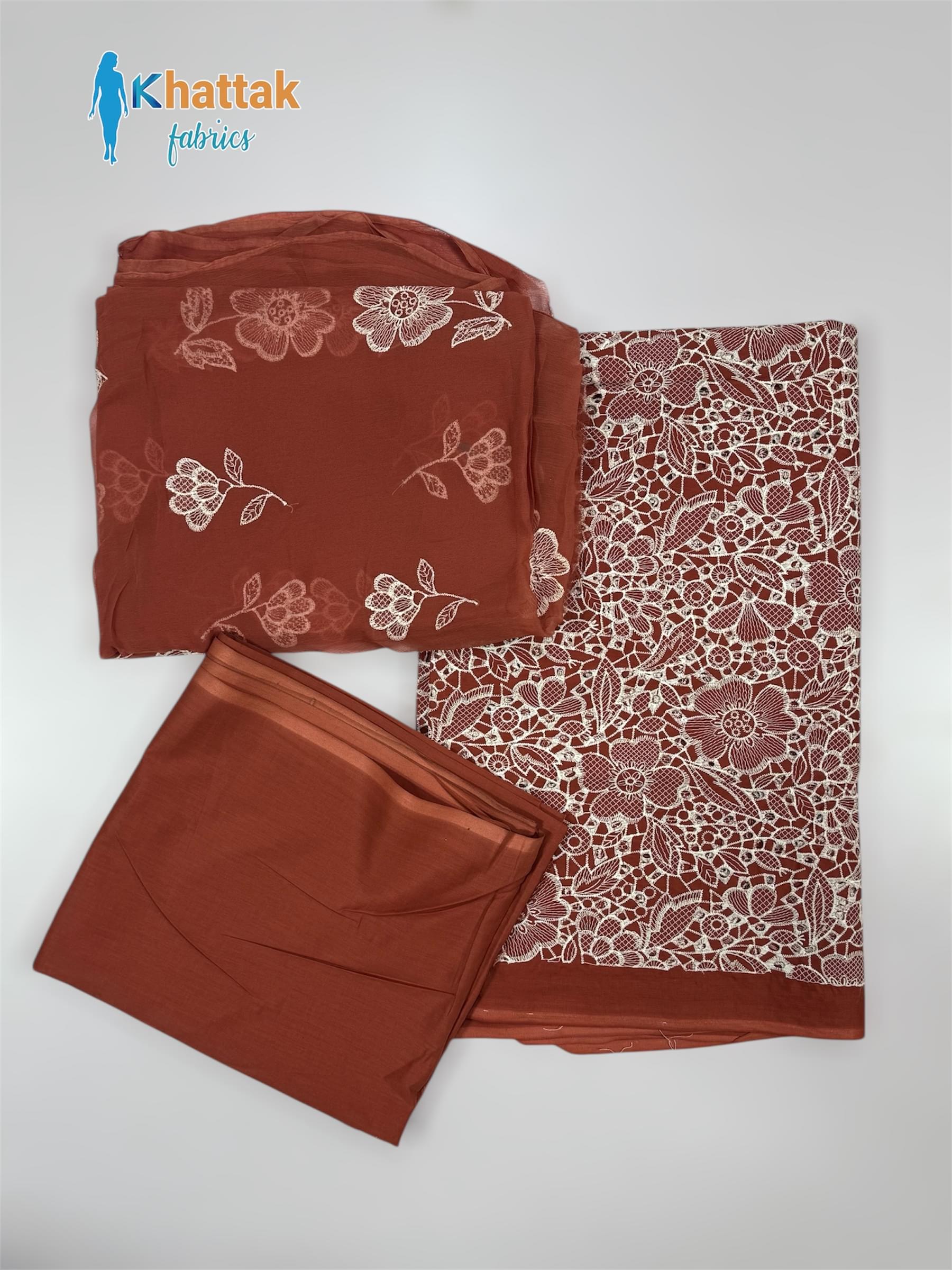 Chikankari embroidered 3 piece suit KF-002 with embroidered shirt, matching dupatta and plain trouser