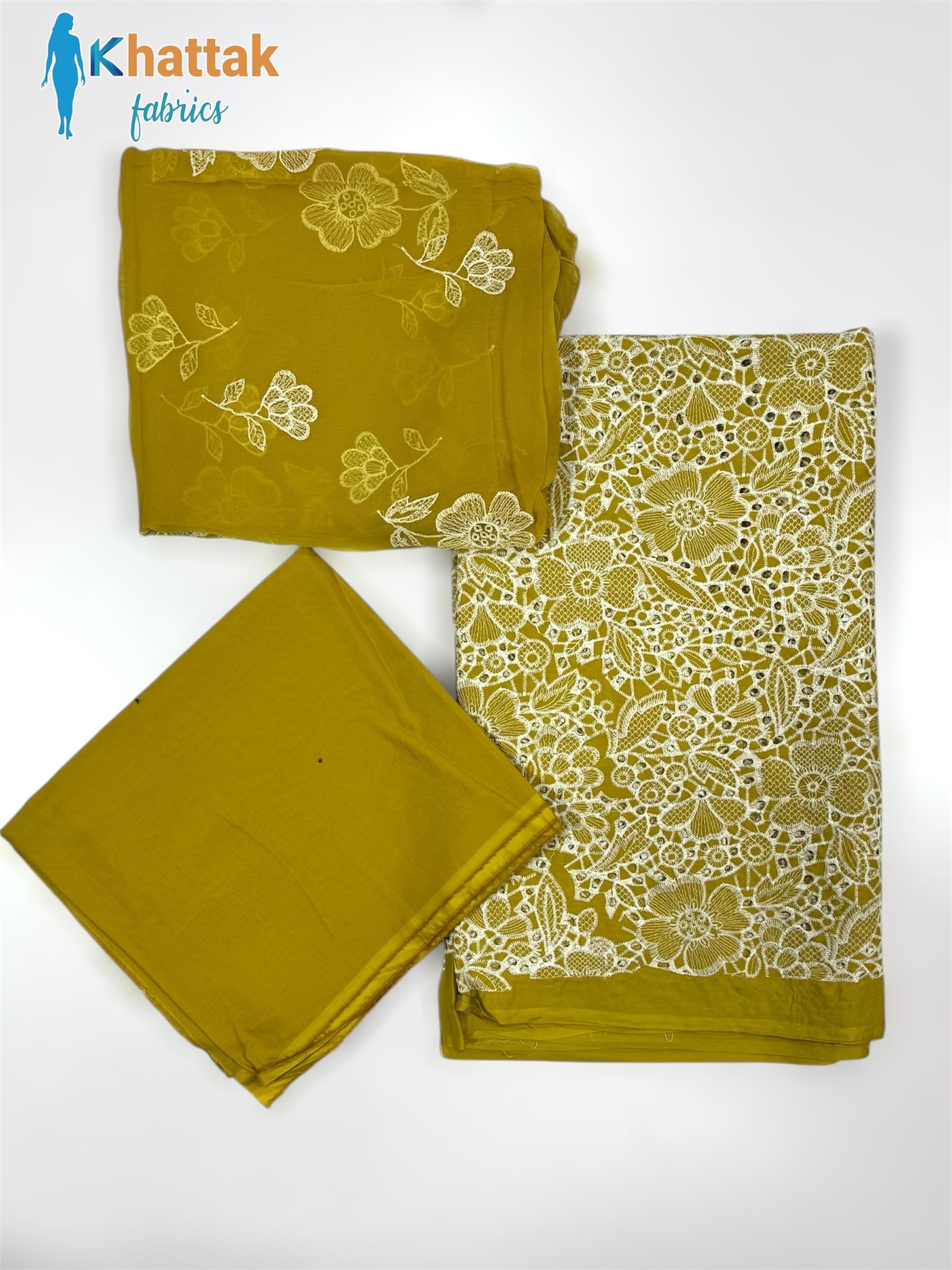 Mustard yellow Chikankari embroidered 3 piece suit KF-010 with embroidered shirt, matching dupatta and plain trouser