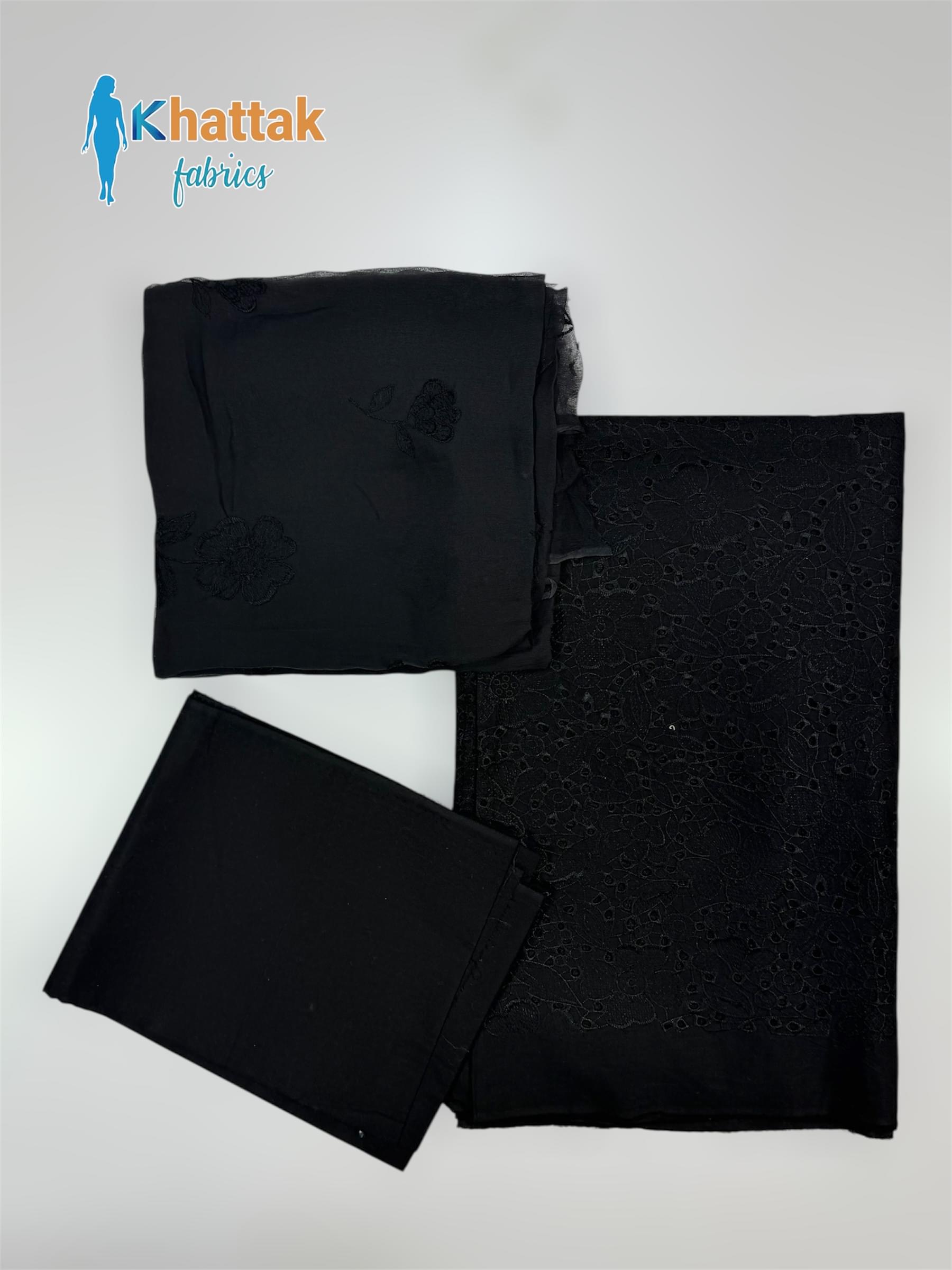 Black Chikankari embroidered 3 piece suit KF-004 with embroidered shirt, matching dupatta and plain trouser