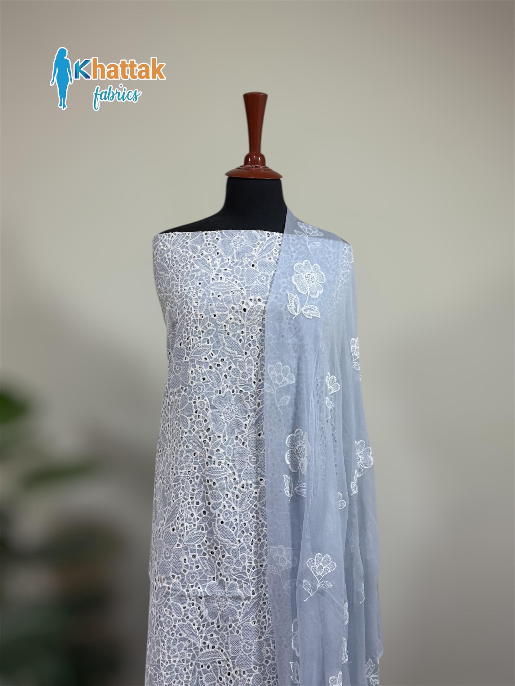 Grey Chikankari embroidered shirt with matching dupatta KF-007 displayed on mannequin