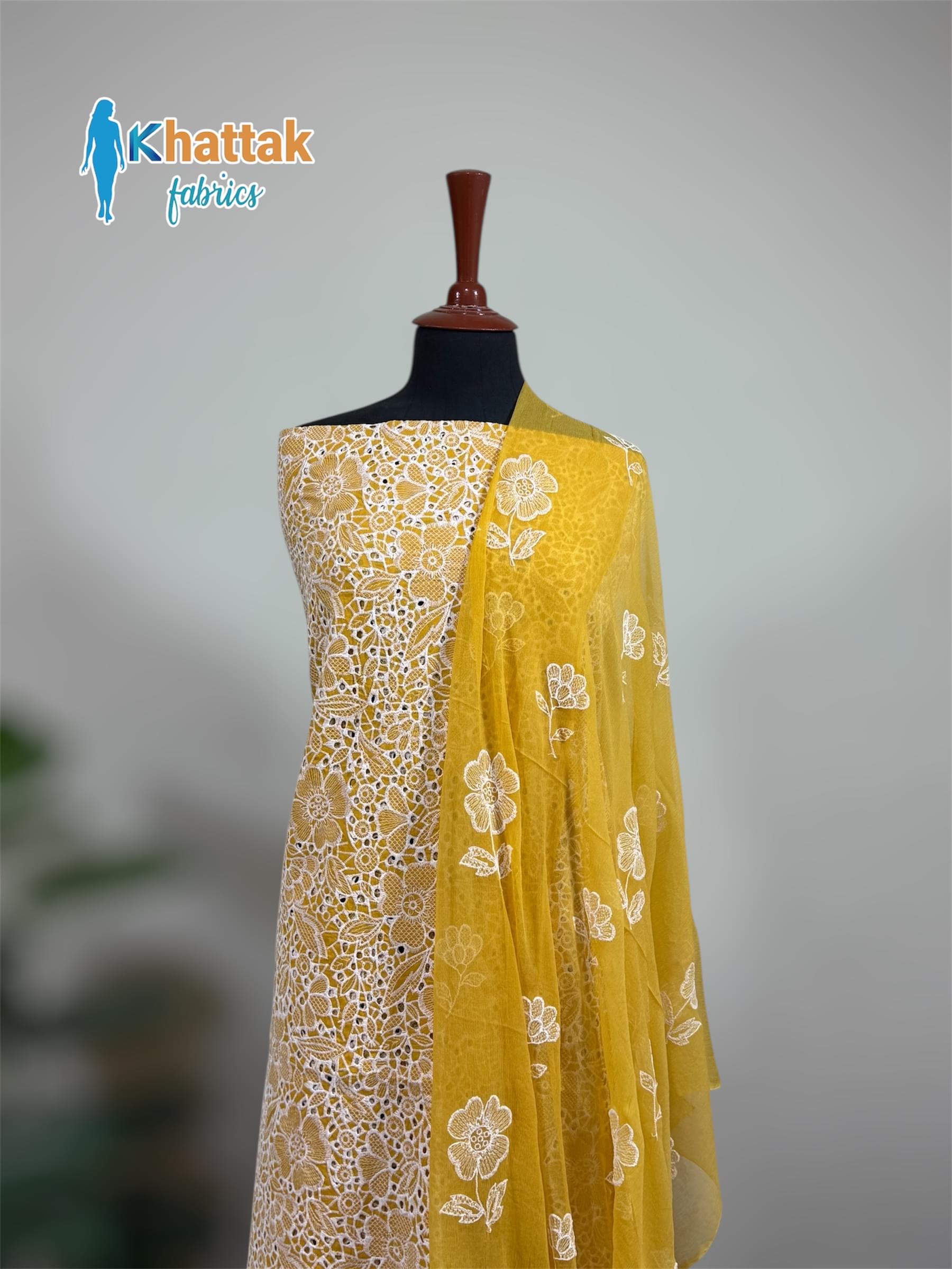 Mustard Chikankari embroidered 3 piece suit KF-009 with embroidered shirt, matching dupatta and plain trouser