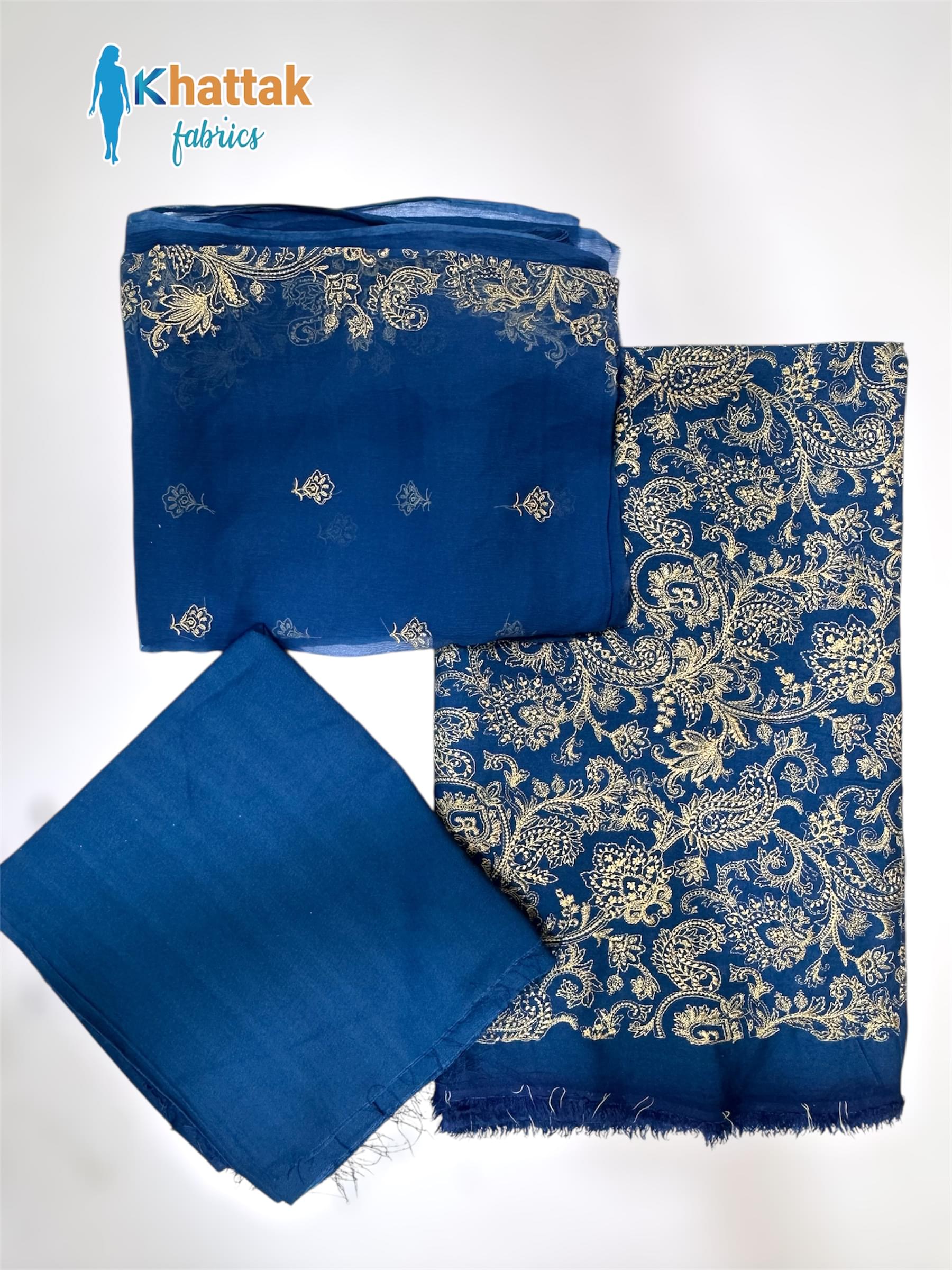 3PC royal blue karandi printed shirt with antique gold design, pure crinkle chiffon dupatta and plain trouser